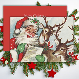 Tarjeta Festiva Retro vintage cargando a Navidades de renos y Sant