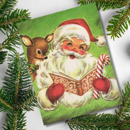 Tarjeta Festiva Retro Vintage Christmas Santa Reading