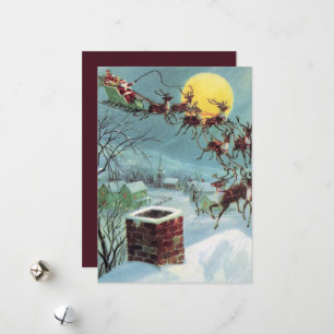 Tarjeta Festiva retro vintage Christmas Santa sleigh agrega sentim