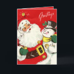 Tarjeta Festiva retro vintage Christmas Santa snowman<br><div class="desc">retro vintage Christmas Santa snowman Holiday Card</div>