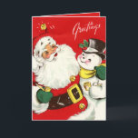Tarjeta Festiva retro vintage Christmas Santa snowman<br><div class="desc">retro vintage Christmas Santa snowman Holiday Card</div>