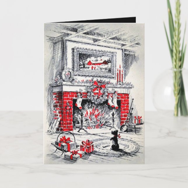 Tarjeta Festiva retro vintage Christmas Scottish dog (Anverso)