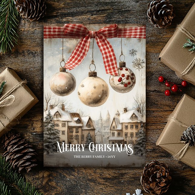 Tarjeta Festiva Retro Watercolor Neutral Colors Christmas Scene (Retro Watercolor Neutral Colors Christmas Scene Holiday Card )