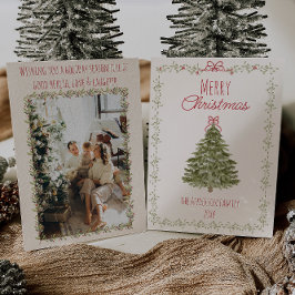 Tarjeta Festiva Retro Watercolor Rojo Navidades Verdes Bow Tree