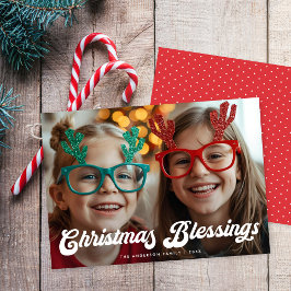 Tarjeta Festiva Retro White Script Christmas Blessings One Photo