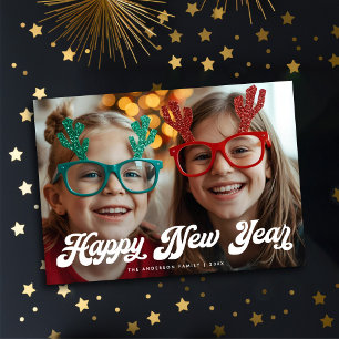 Tarjeta Festiva Retro White Script Feliz Año Nuevo Uno Foto