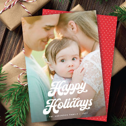 Tarjeta Festiva Retro White Script Happy Holidays One Photo