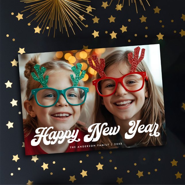 Tarjeta Festiva Retro White Script  Happy New Year One Photo (Subido por el creador)