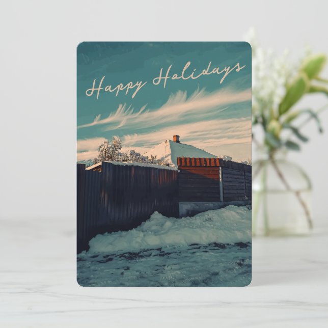 Tarjeta Festiva Retro Winter Snow Landscape Teal Sky Holiday (Anverso de pie)