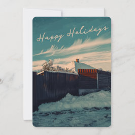Tarjeta Festiva Retro Winter Snow Landscape Teal Sky Holiday