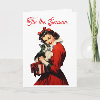 Tarjeta Festiva Retro Woman in Red & Cat Warm Hugs