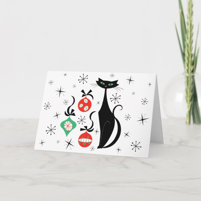 Tarjeta Festiva Retro Xmas Cat Merry Christmas horizontal (Anverso)