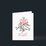 Tarjeta Festiva Reúnete conmigo bajo el mistletoe<br><div class="desc">Si te sientes en el espíritu festivo, este elegante diseño de mistletoe es justo lo que pasa. Un grupo de mistletones atados con una cinta roja es el lugar para reunirse para recibir besos a algunos Navidades. Cambie el mensaje manuscrito a otra cosa si le gusta en la cubierta o...</div>