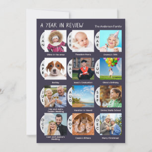 Tarjeta Festiva Revisión anual de 12 fotos personalizadas azul osc