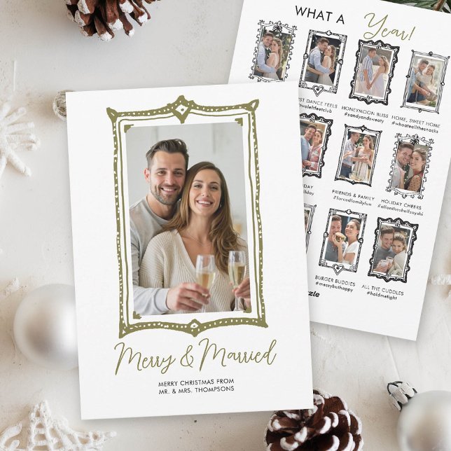 Tarjeta Festiva Revisión de caricaturas dibujadas a mano Primera N (first year married doodle christmas card year in review doodle scribble frames gold black modern fun)