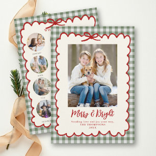 Tarjeta Festiva Revisión del año Verde Gingham Lazo Rojo Familia N