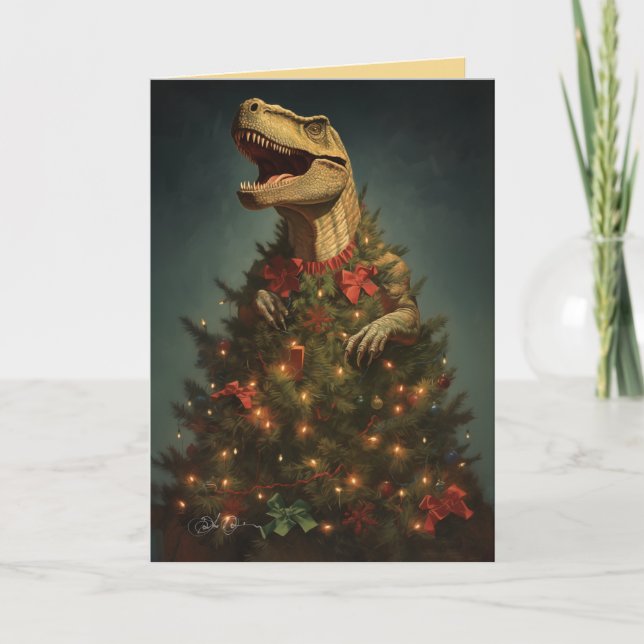 Tarjeta Festiva Rex de árbol - Dinosaurio de vacaciones (Anverso)