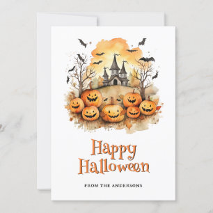 Tarjeta Festiva Ríe Funny Calabazas Bats Abusó De La Mansión