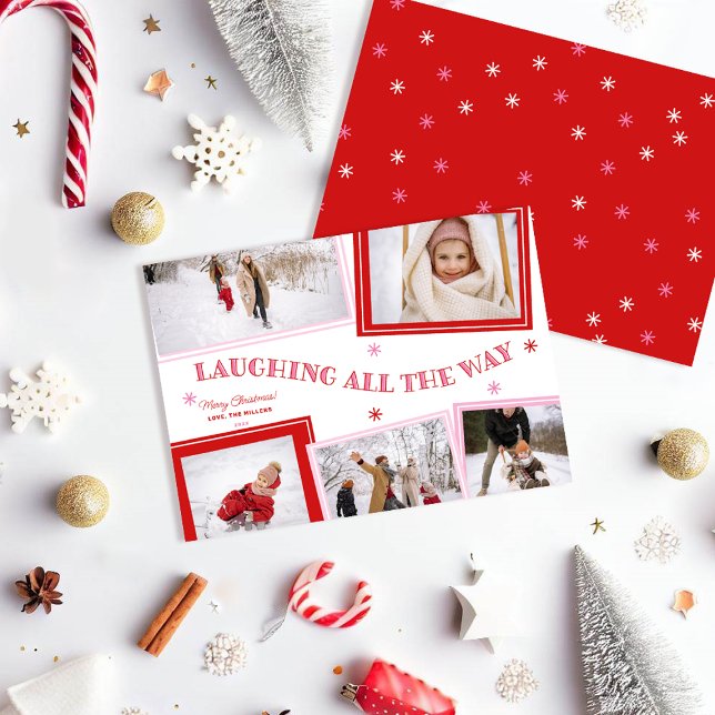 Tarjeta Festiva Riendo todo el camino Navidades de collage de foto (Laughing all the way fun festive 5 photo collage holiday card. Red, white and pink.)