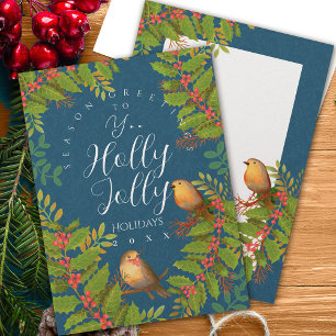 Tarjeta Festiva Robin Birds Holly Berry Dark Verde azulado