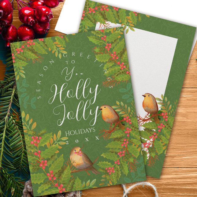 Tarjeta Festiva Robin Birds Holly Berry Green (Robin Birds Holly Berry Design.)