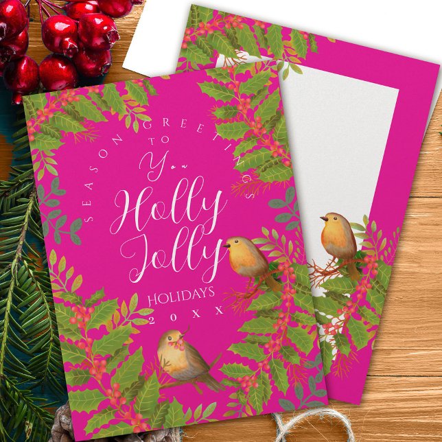 Tarjeta Festiva Robin Birds Holly Berry Hot Pink (Robin Birds Holly Berry Design.)