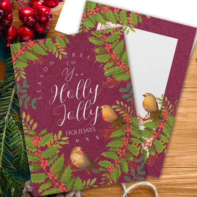 Tarjeta Festiva Robin Birds Holly Berry Wine (Robin Birds Holly Berry Card.)
