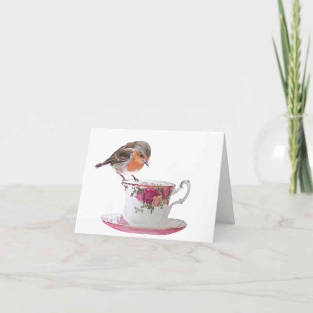 Tarjeta Festiva Robin en una carta de té (Anverso)