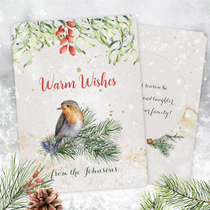 Tarjeta Festiva Robin Mistletoe Snow Gold Accents