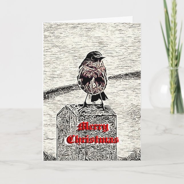 Tarjeta Festiva Robin Woodcut Merry Christmas Card (Anverso)