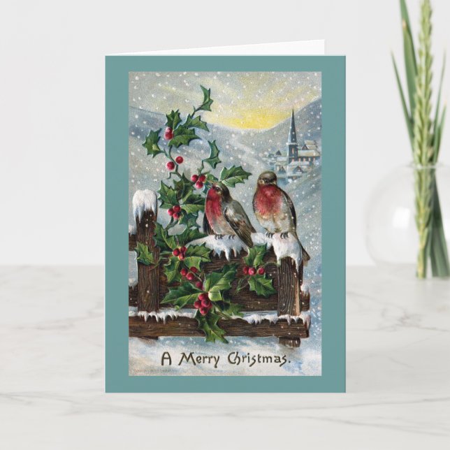 Tarjeta Festiva Robins ingleses en una valla de Navidades antiguos (Anverso)