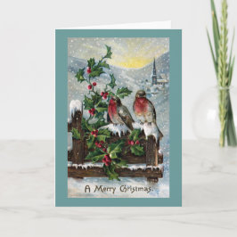 Tarjeta Festiva Robins ingleses en una valla de Navidades antiguos