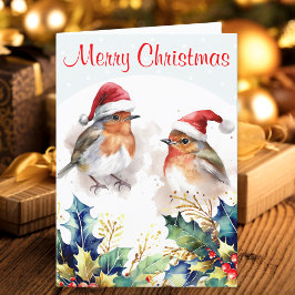 Tarjeta Festiva Robins Winter Snow Holly Merry Christmas