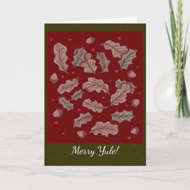 Tarjeta Festiva Roble y holly solsticio Yule rojo y verde (Anverso)