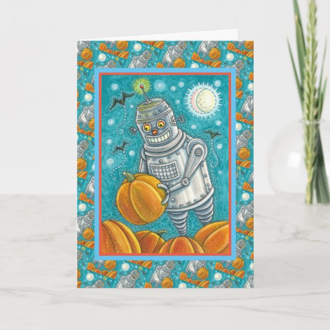 TARJETA FESTIVA ROBOT PICKING PUMPKINS , HOMBRE MECÁNICO DE HALLOW (Anverso)