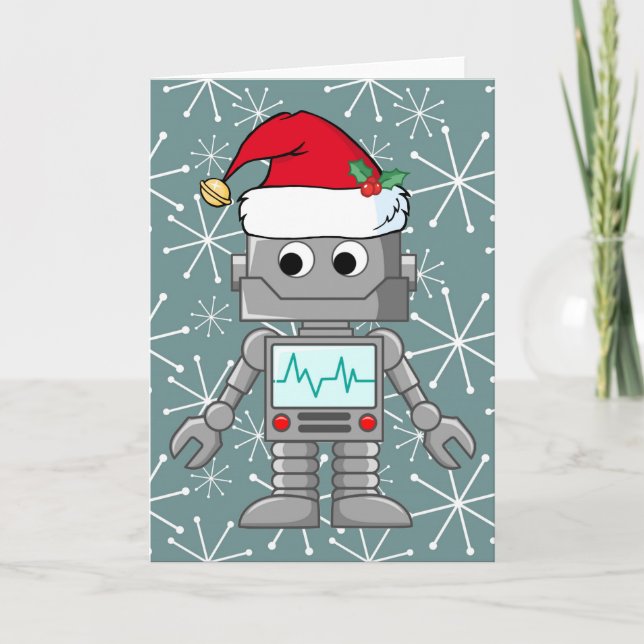 Tarjeta Festiva Robot que lleva el gorra de Santa (Anverso)