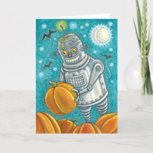 TARJETA FESTIVA ROBOT RECOGIENDO CALABAZAS, HOMBRE MECÁNICO DE HAL