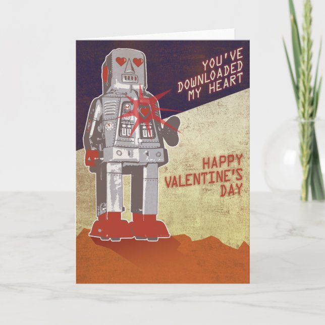 Tarjeta Festiva Robot retro - usted ha transferido mi corazón… (Anverso)