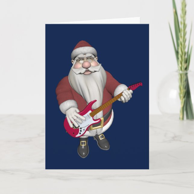 Tarjeta Festiva Rock Star Santa con guitarra eléctrica roja (Anverso)