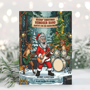 Tarjeta Festiva Rockin' Christmas Santa Reindeer Band