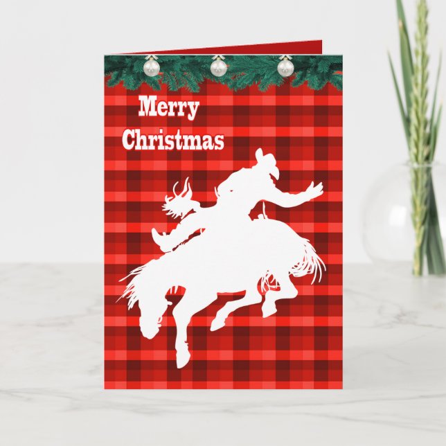 Tarjeta Festiva Rodeo Occidental Cowboy Bronc Riding Plaid (Anverso)