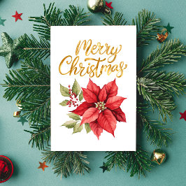 Tarjeta Festiva Roja y Dorada Clásica Simple Poinsettia