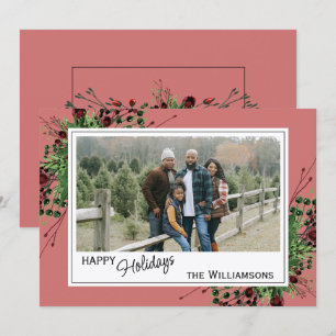 Tarjeta Festiva Rojo Berries Verde Holly Foliage Botánico En Rosa