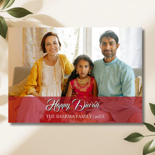 Tarjeta Festiva Rojo Carmesí Elegante Foto Feliz Diwali