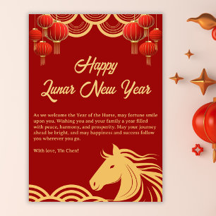 Tarjeta Festiva Rojo Chino Oro Feliz Año Nuevo Lunar del Caballo