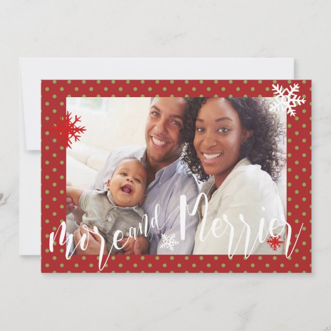 Tarjeta Festiva Rojo con puntos verdes más y Navidades de fotos má (Anverso)