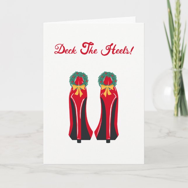 Tarjeta Festiva Rojo de tacones altos con coronas Navidades (Anverso)