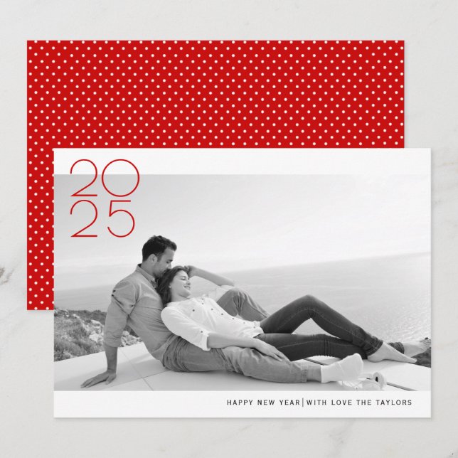 Tarjeta Festiva Rojo moderno Feliz Año Nuevo 2025 foto (Anverso / Reverso)