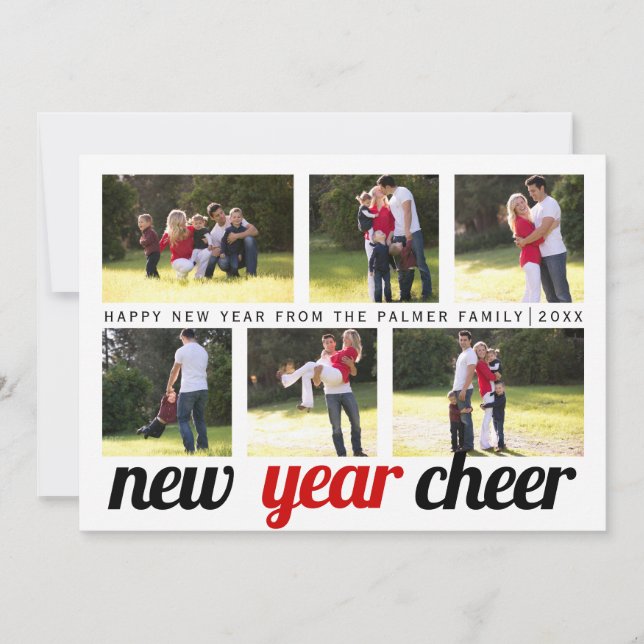 Tarjeta Festiva Rojo, negro Año Nuevo Cheer seis collage de fotos  (Anverso)