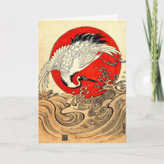 TARJETA FESTIVA ROJO SOL, GRÚA DE VUELO JAPONÉS, ONDAS MARINAS